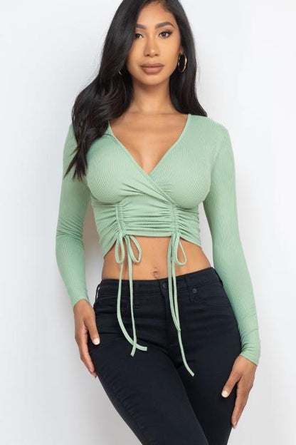 Ribbed Drawstring Long Sleeve Crop Top - Capella Apparel Wholesale