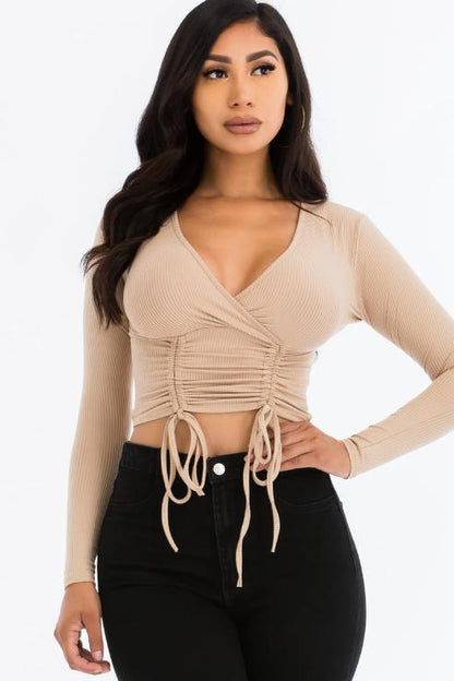 Ribbed Drawstring Long Sleeve Crop Top - Capella Apparel Wholesale