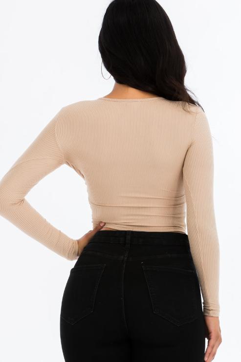 Ribbed Drawstring Long Sleeve Crop Top - Capella Apparel Wholesale