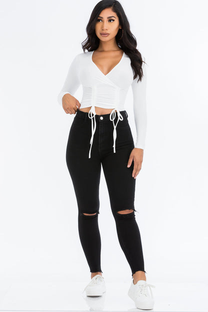 Ribbed Drawstring Long Sleeve Crop Top (CAPELLA) - Capella Apparel