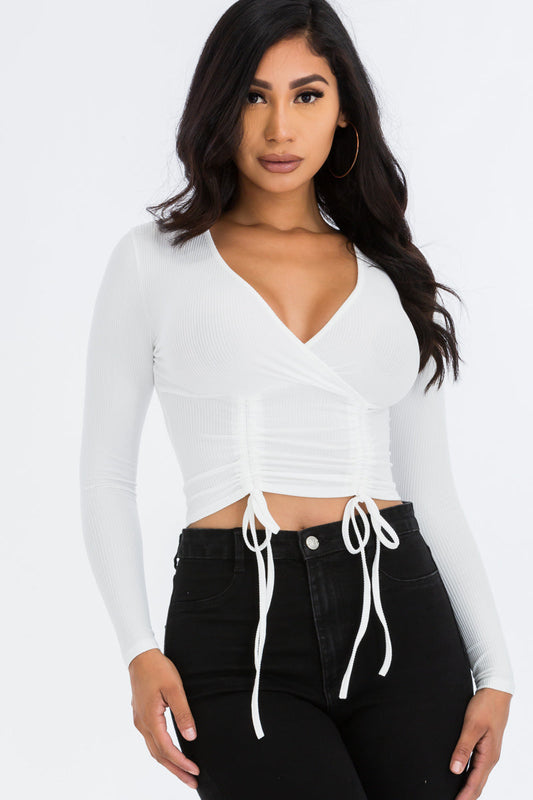 Ribbed Drawstring Long Sleeve Crop Top (CAPELLA) - Capella Apparel