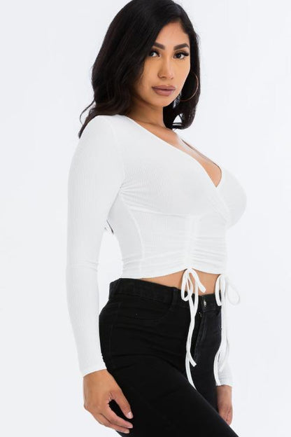 Ribbed Drawstring Long Sleeve Crop Top - Capella Apparel Wholesale