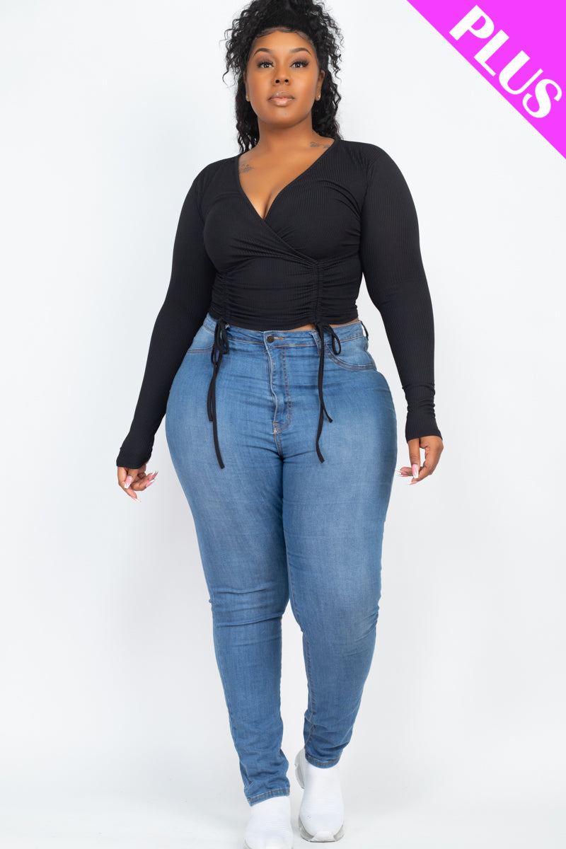 Plus Size Ribbed Drawstring Long Sleeve Crop Top - Capella Apparel Wholesale