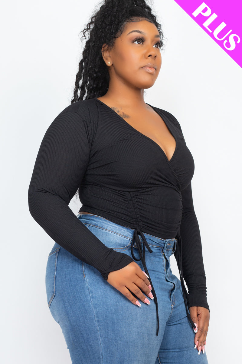 Plus Size Ribbed Drawstring Long Sleeve Crop Top - Capella Apparel Wholesale