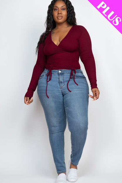 Plus Size Ribbed Drawstring Long Sleeve Crop Top - Capella Apparel Wholesale