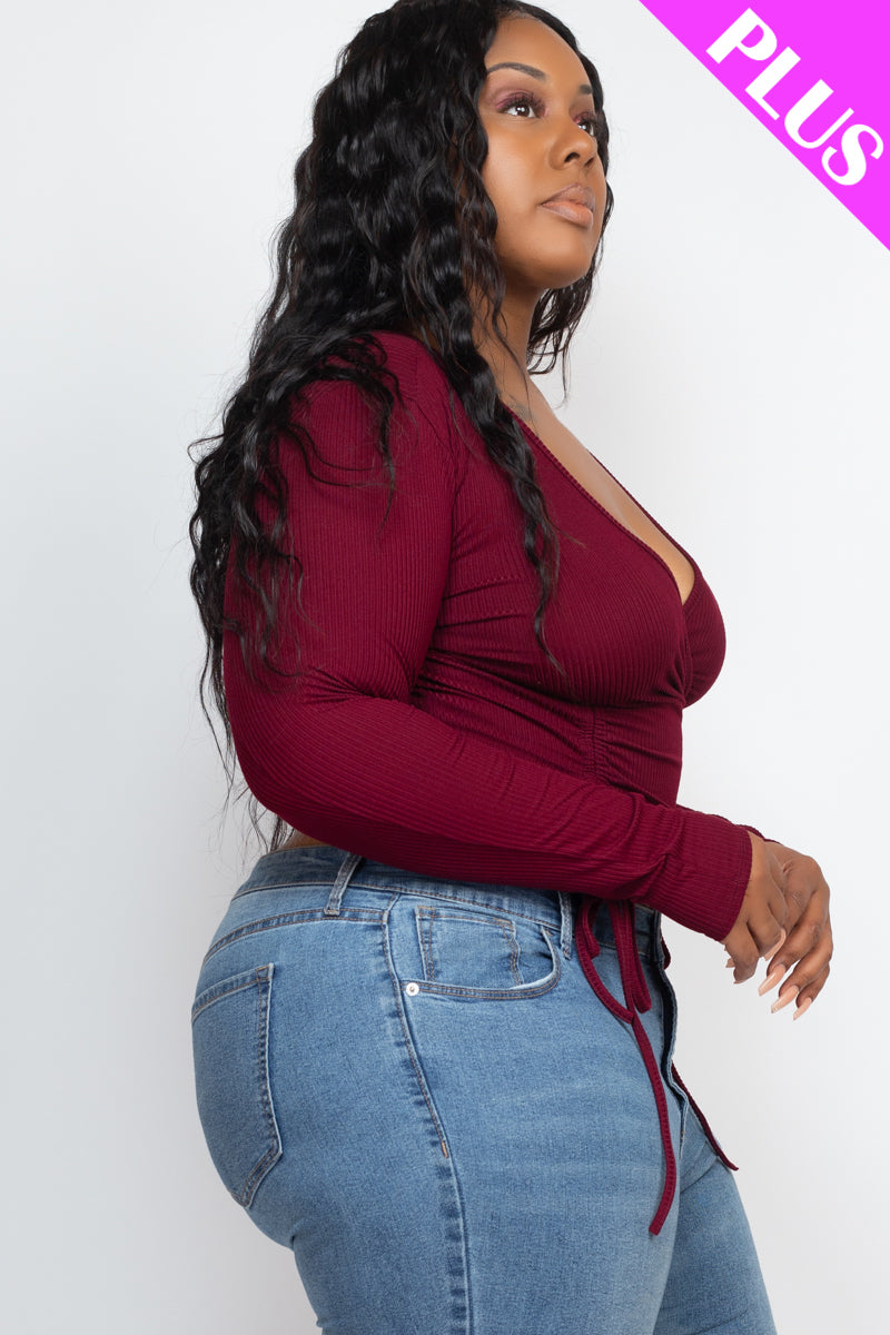 Plus Size Ribbed Drawstring Long Sleeve Crop Top - Capella Apparel Wholesale