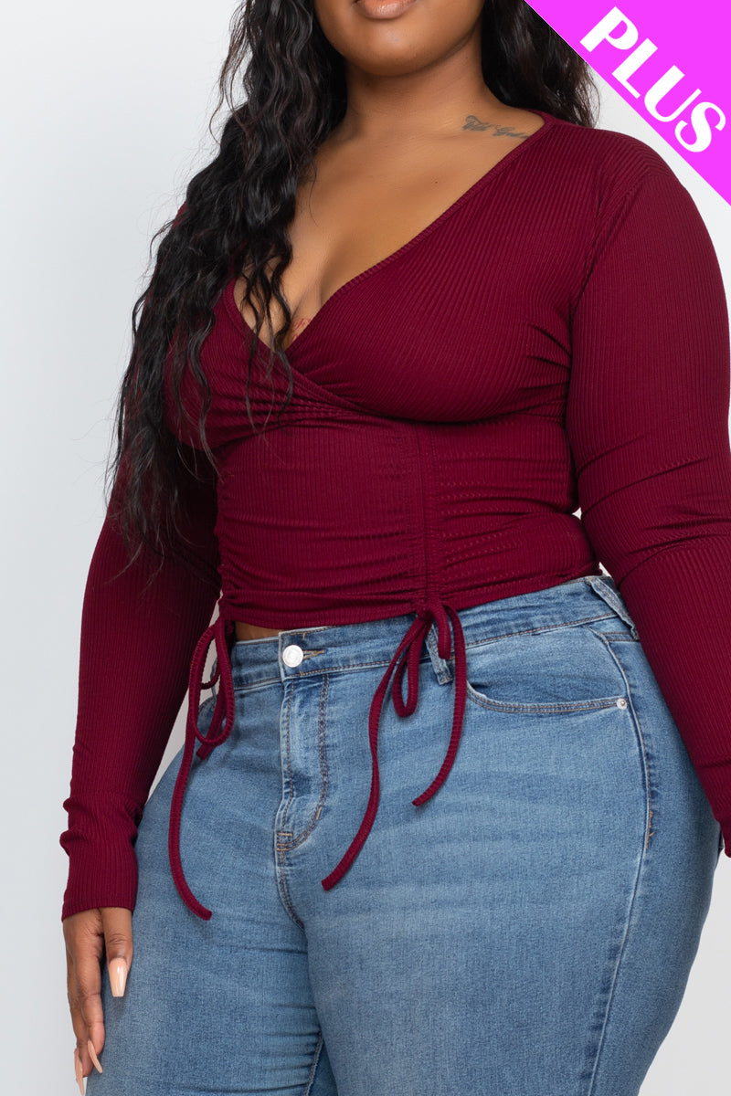 Plus Size Ribbed Drawstring Long Sleeve Crop Top - Capella Apparel Wholesale