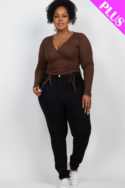 Plus Size Ribbed Drawstring Long Sleeve Crop Top - Capella Apparel Wholesale