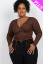 Plus Size Ribbed Drawstring Long Sleeve Crop Top - Capella Apparel Wholesale