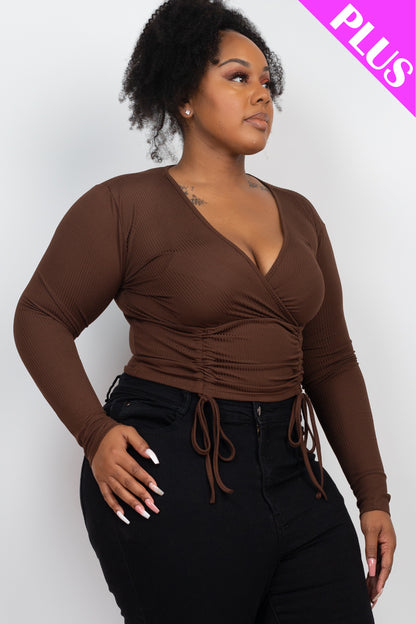 Plus Size Ribbed Drawstring Long Sleeve Crop Top - Capella Apparel Wholesale