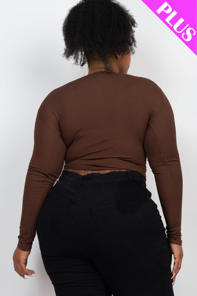 Plus Size Ribbed Drawstring Long Sleeve Crop Top - Capella Apparel Wholesale