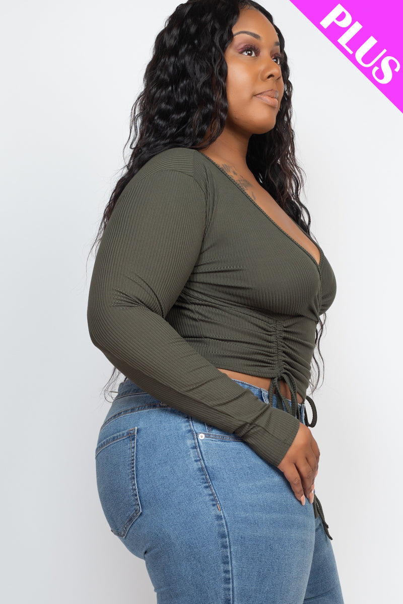 Plus Size Ribbed Drawstring Long Sleeve Crop Top - Capella Apparel Wholesale