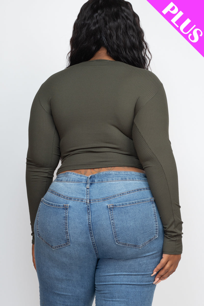 Plus Size Ribbed Drawstring Long Sleeve Crop Top - Capella Apparel Wholesale