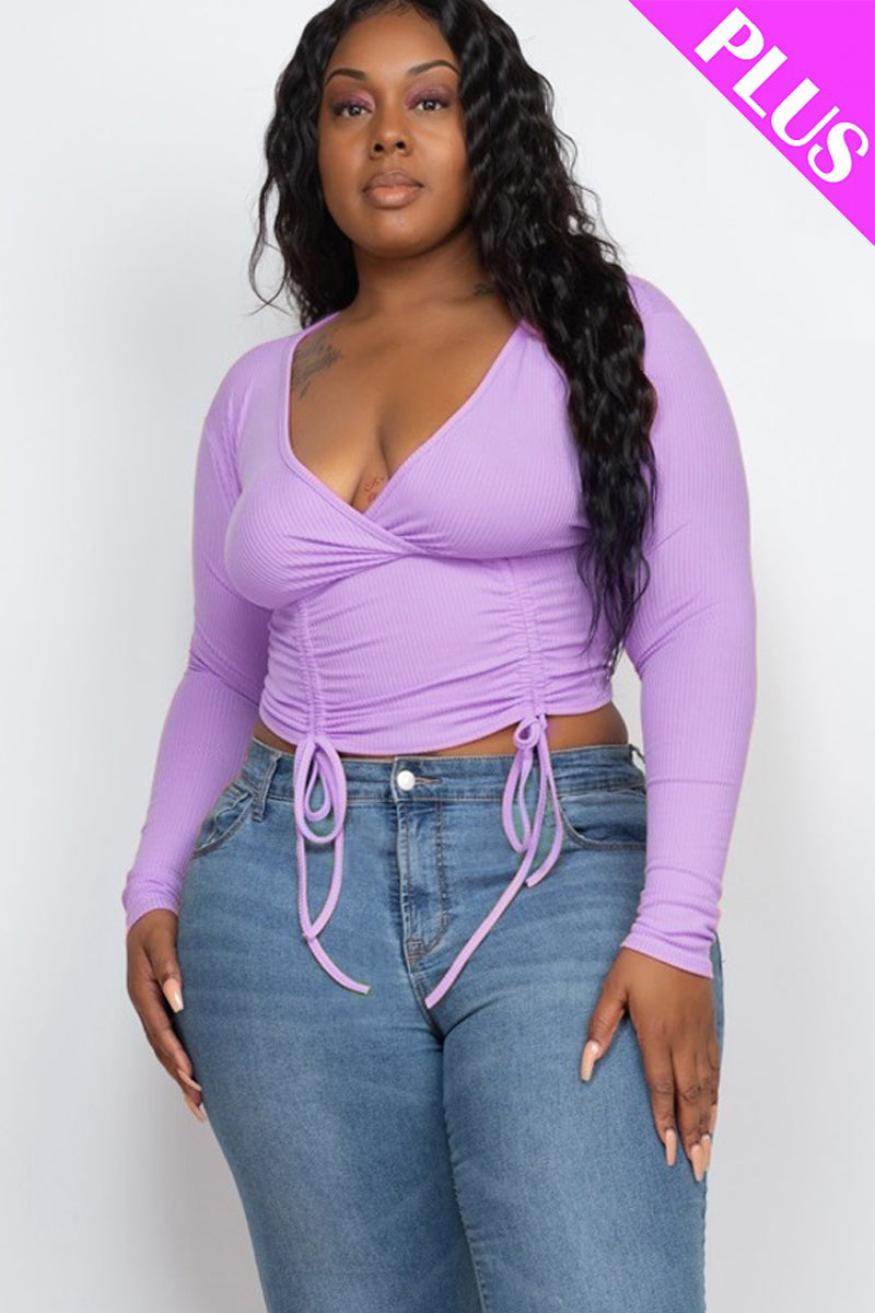 Plus Size Ribbed Drawstring Long Sleeve Crop Top - Capella Apparel Wholesale