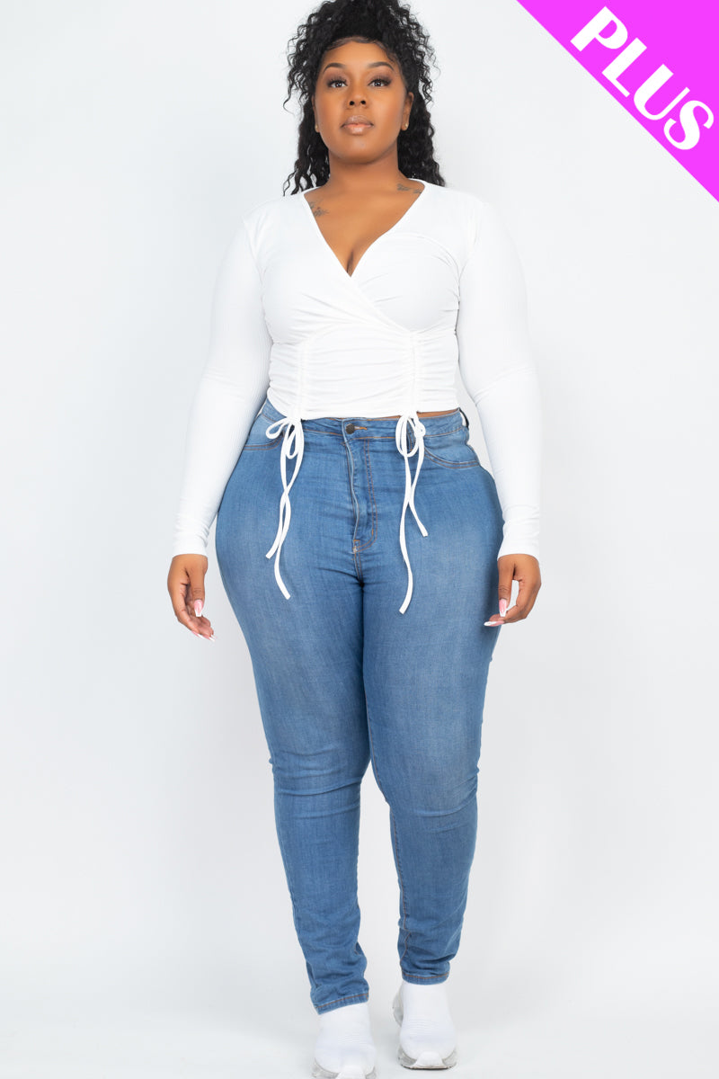 Plus Size Ribbed Drawstring Long Sleeve Crop Top - Capella Apparel Wholesale