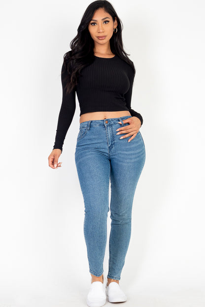 Long Sleeve Round Neck Basic Crop Top - Wholesale Capella Apparel