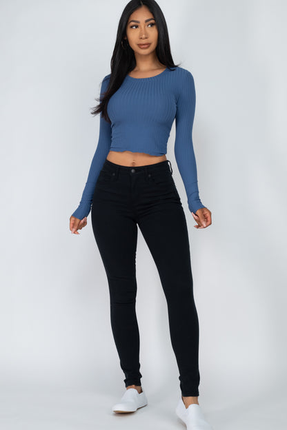 Long Sleeve Round Neck Basic Crop Top - Wholesale Capella Apparel