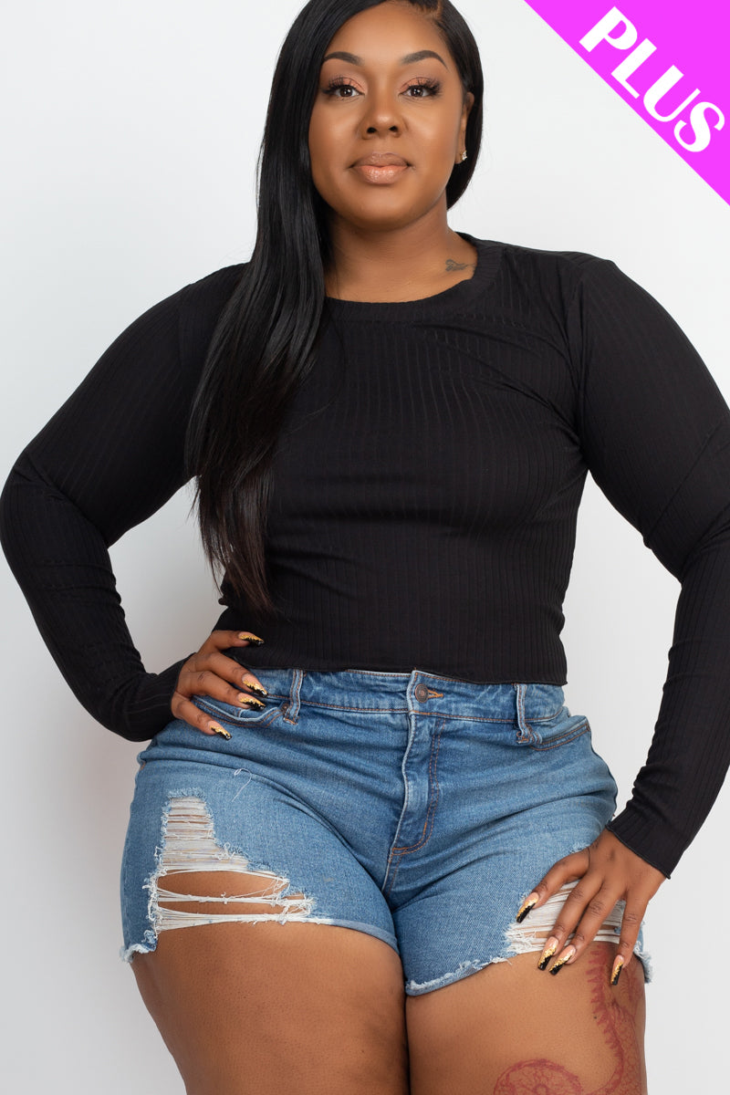 Plus Size Long Sleeve Lettuce Edge Crop Top - Capella Apparel Wholesale