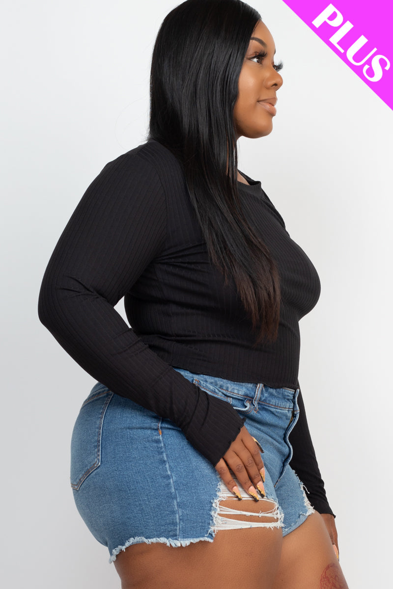 Plus Size Long Sleeve Lettuce Edge Crop Top - Capella Apparel Wholesale