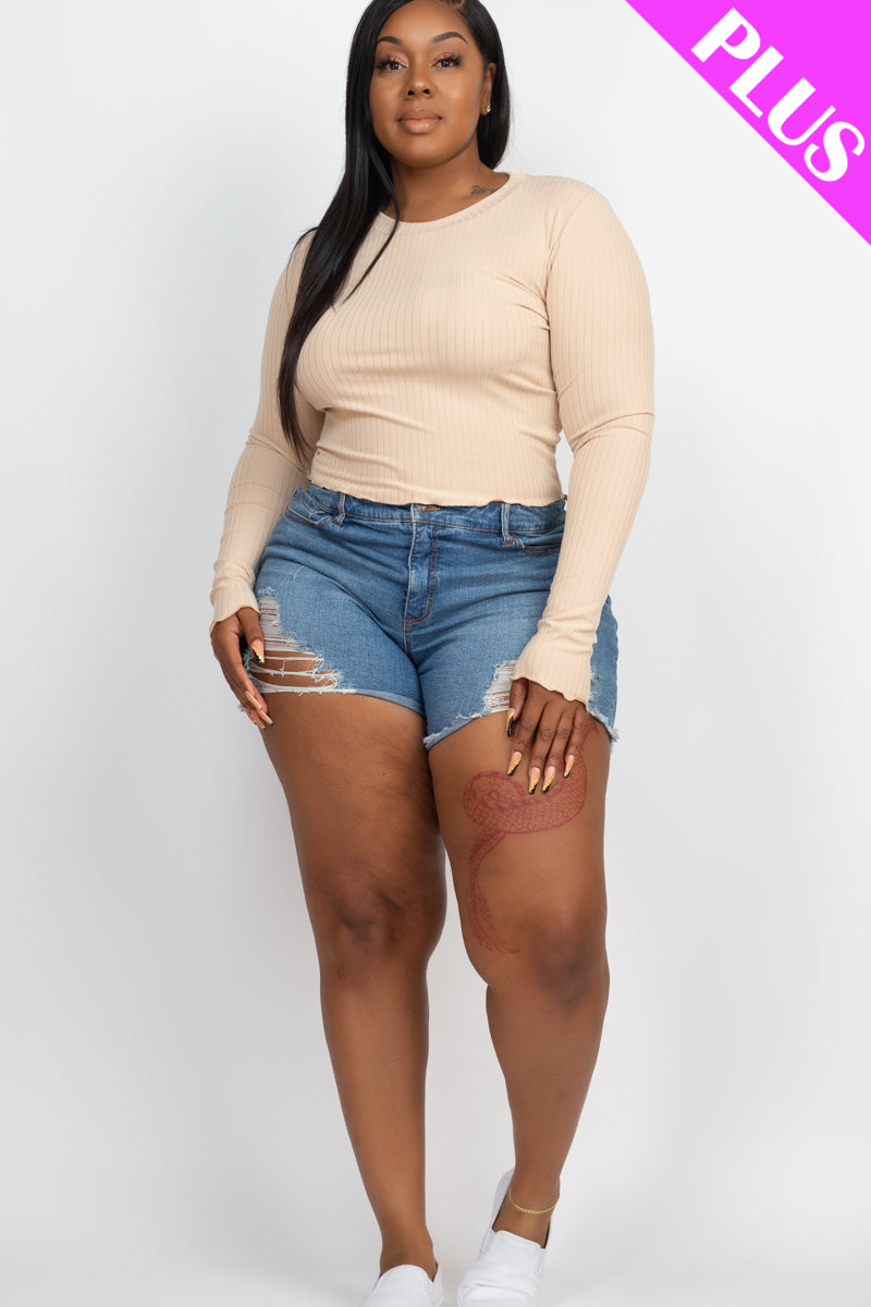 Plus Size Long Sleeve Lettuce Edge Crop Top - Capella Apparel Wholesale