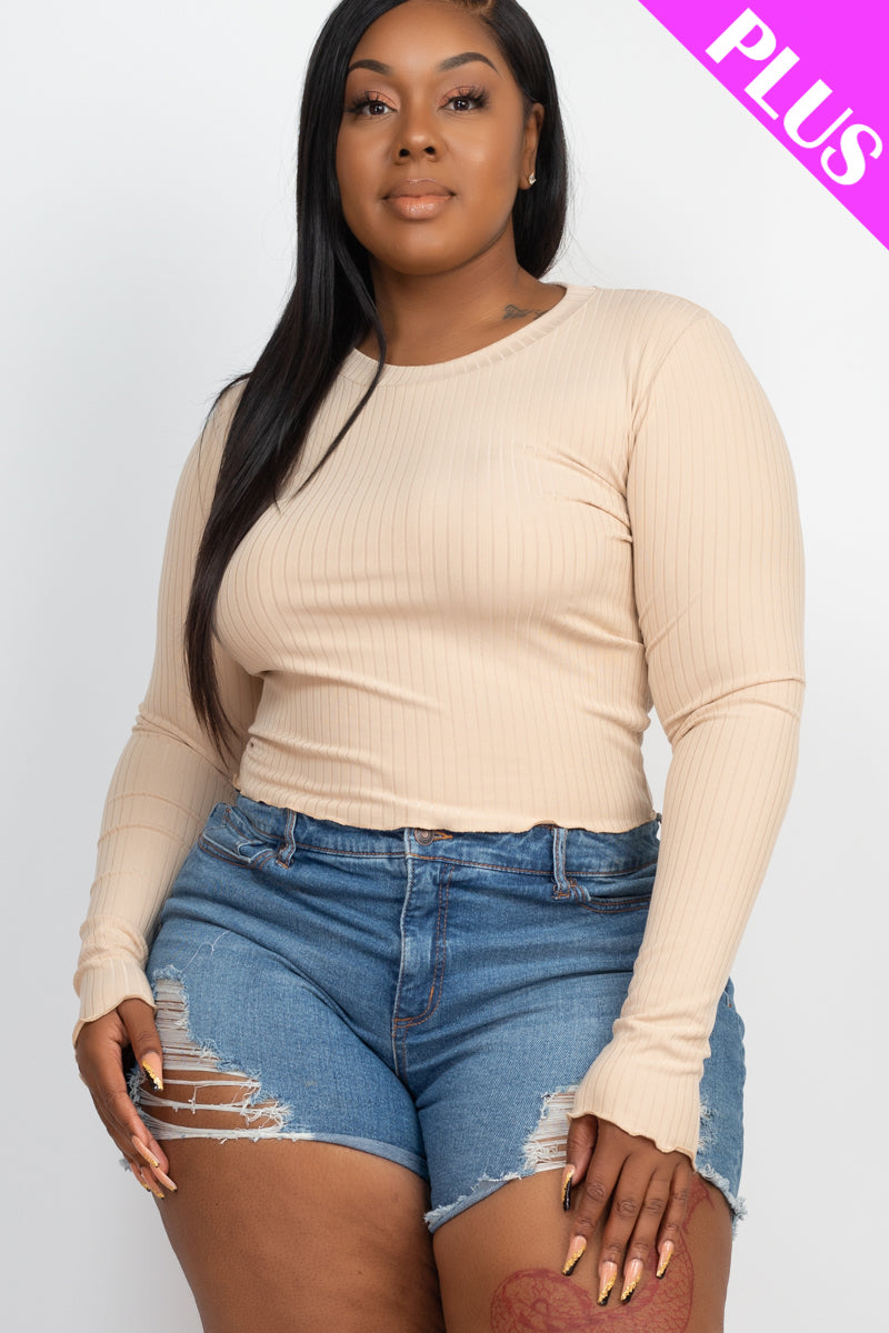 Plus Size Long Sleeve Lettuce Edge Crop Top - Capella Apparel Wholesale