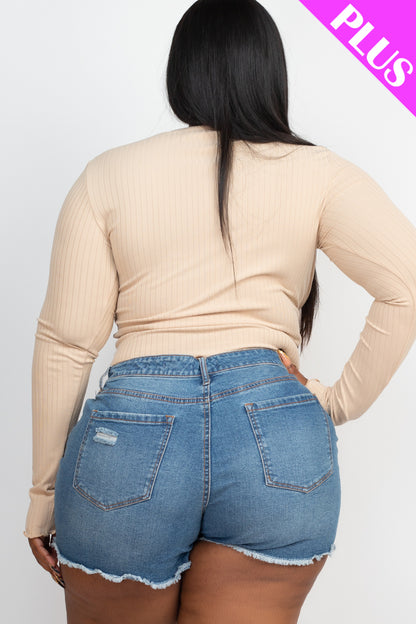 Plus Size Long Sleeve Lettuce Edge Crop Top - Capella Apparel Wholesale