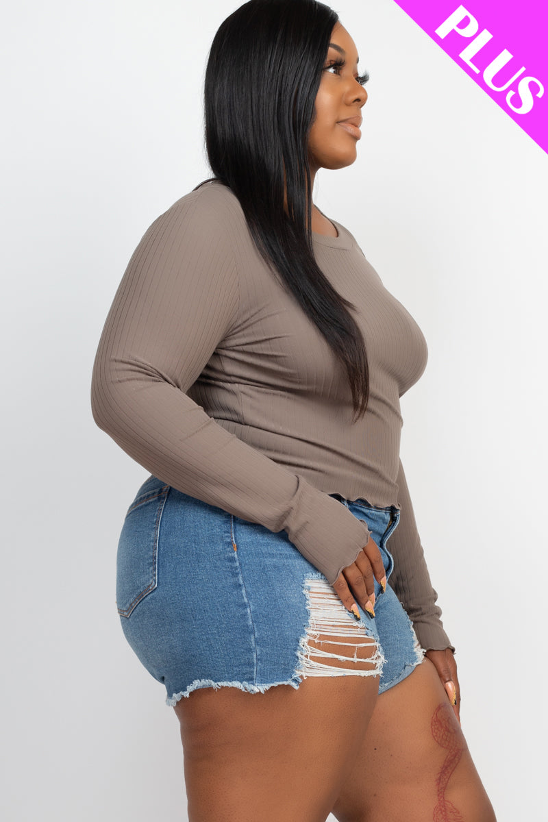 Plus Size Long Sleeve Lettuce Edge Crop Top - Capella Apparel Wholesale