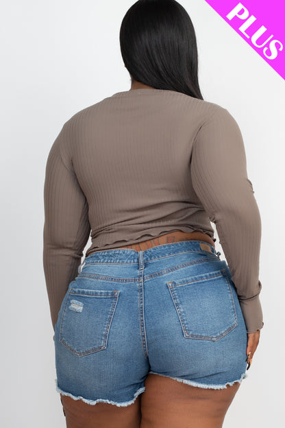 Plus Size Long Sleeve Lettuce Edge Crop Top - Capella Apparel Wholesale