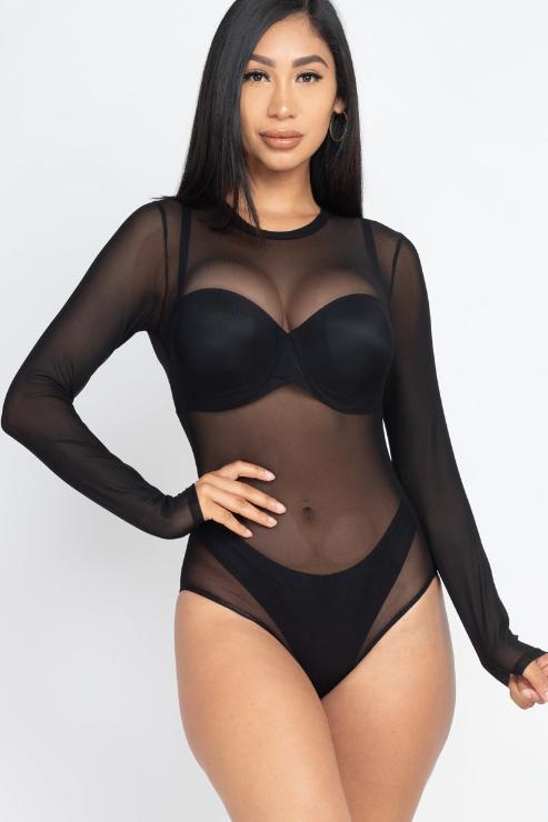 Sexy Sheer Mesh Long Sleeve Bodysuit - Wholesale Capella Apparel