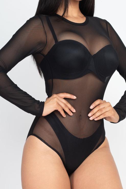 Sexy Sheer Mesh Long Sleeve Bodysuit - Wholesale Capella Apparel