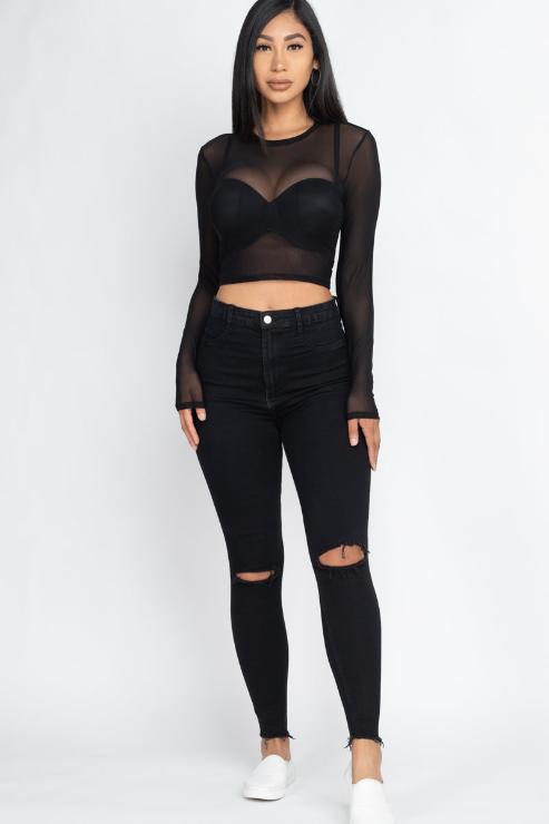 Haut noir semi transparent à strass cloutés Haut noir semi transparent à strass cloutés