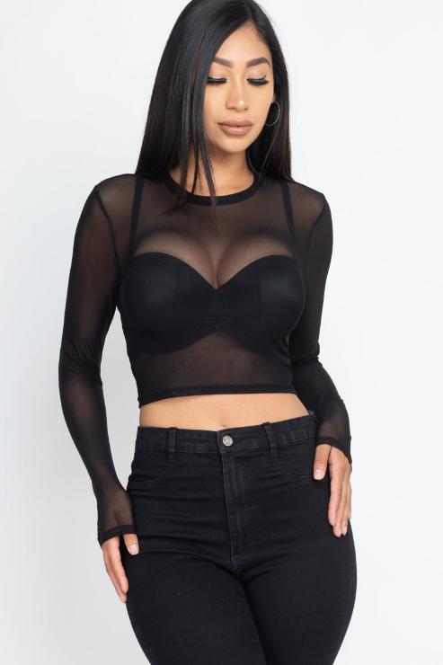 Cropped long sleeve mesh top online