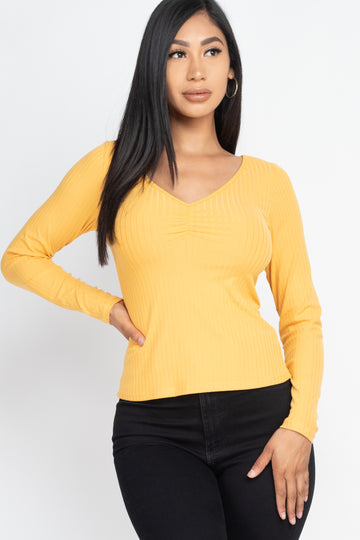 Ribbed Long Sleeve Top with Ruched Chest Detail - Capella Apparel