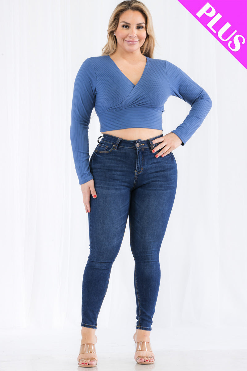 Plus Size Ribbed Wrap Front Long Sleeve Top (CAPELLA) - Capella Apparel