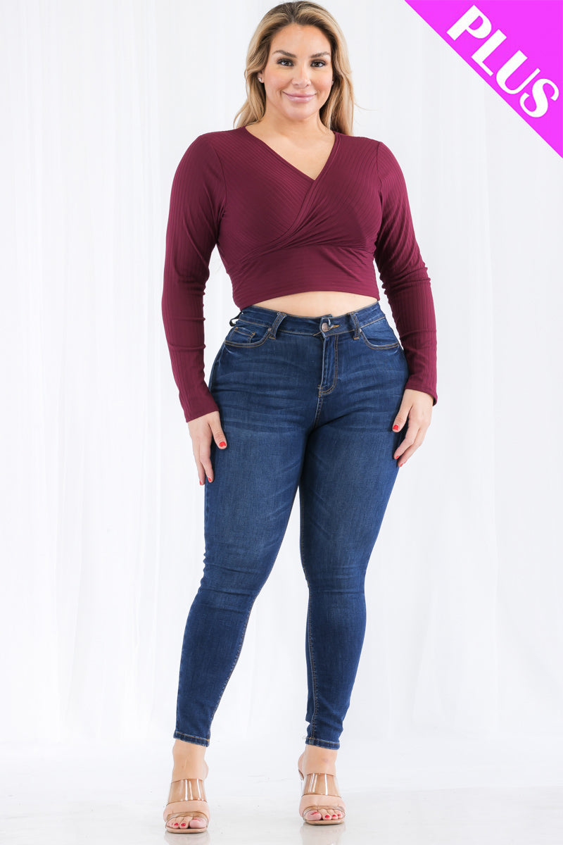 Plus Size Ribbed Wrap Front Long Sleeve Top (CAPELLA) - Capella Apparel