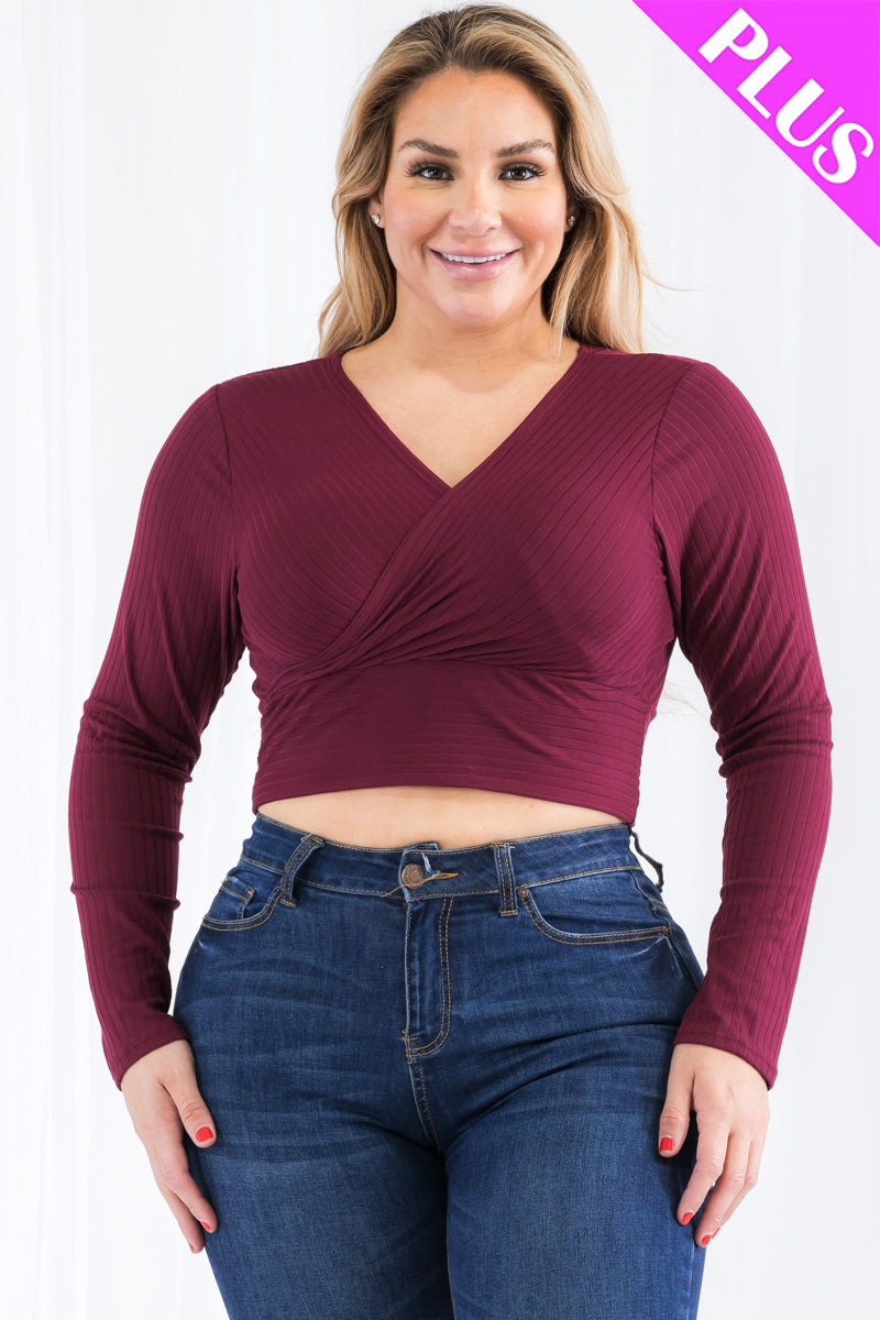 Plus Size Ribbed Wrap Front Long Sleeve Top (CAPELLA) - Capella Apparel