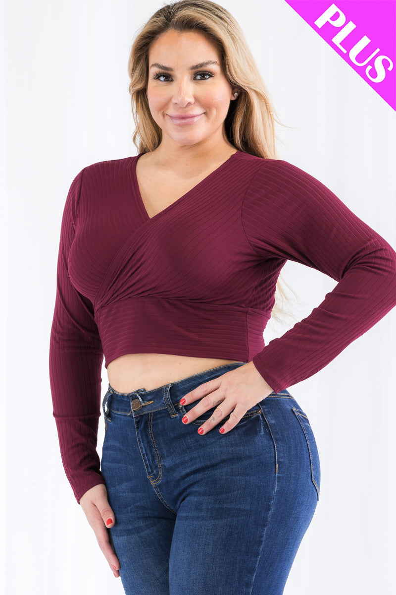 Plus Size Ribbed Wrap Front Long Sleeve Top (CAPELLA) - Capella Apparel