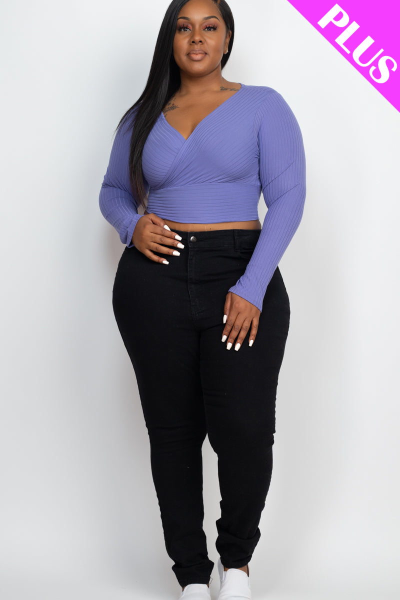 Plus Size Ribbed Wrap Front Long Sleeve Top - Capella Apparel