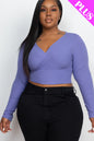 Plus Size Ribbed Wrap Front Long Sleeve Top - Capella Apparel