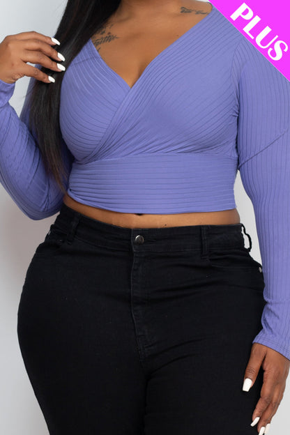 Plus Size Ribbed Wrap Front Long Sleeve Top (CAPELLA) - Capella Apparel