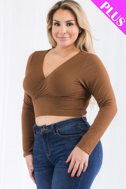 Plus Size Ribbed Wrap Front Long Sleeve Top - Capella Apparel