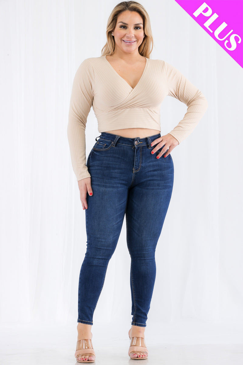 Plus Size Ribbed Wrap Front Long Sleeve Top (CAPELLA) - Capella Apparel