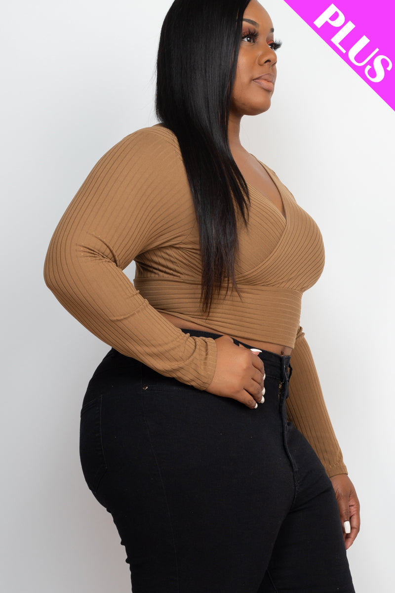 Plus Size Ribbed Wrap Front Long Sleeve Top (CAPELLA) - Capella Apparel