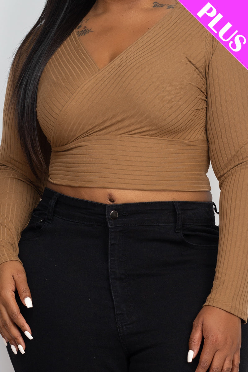 Plus Size Ribbed Wrap Front Long Sleeve Top (CAPELLA) - Capella Apparel