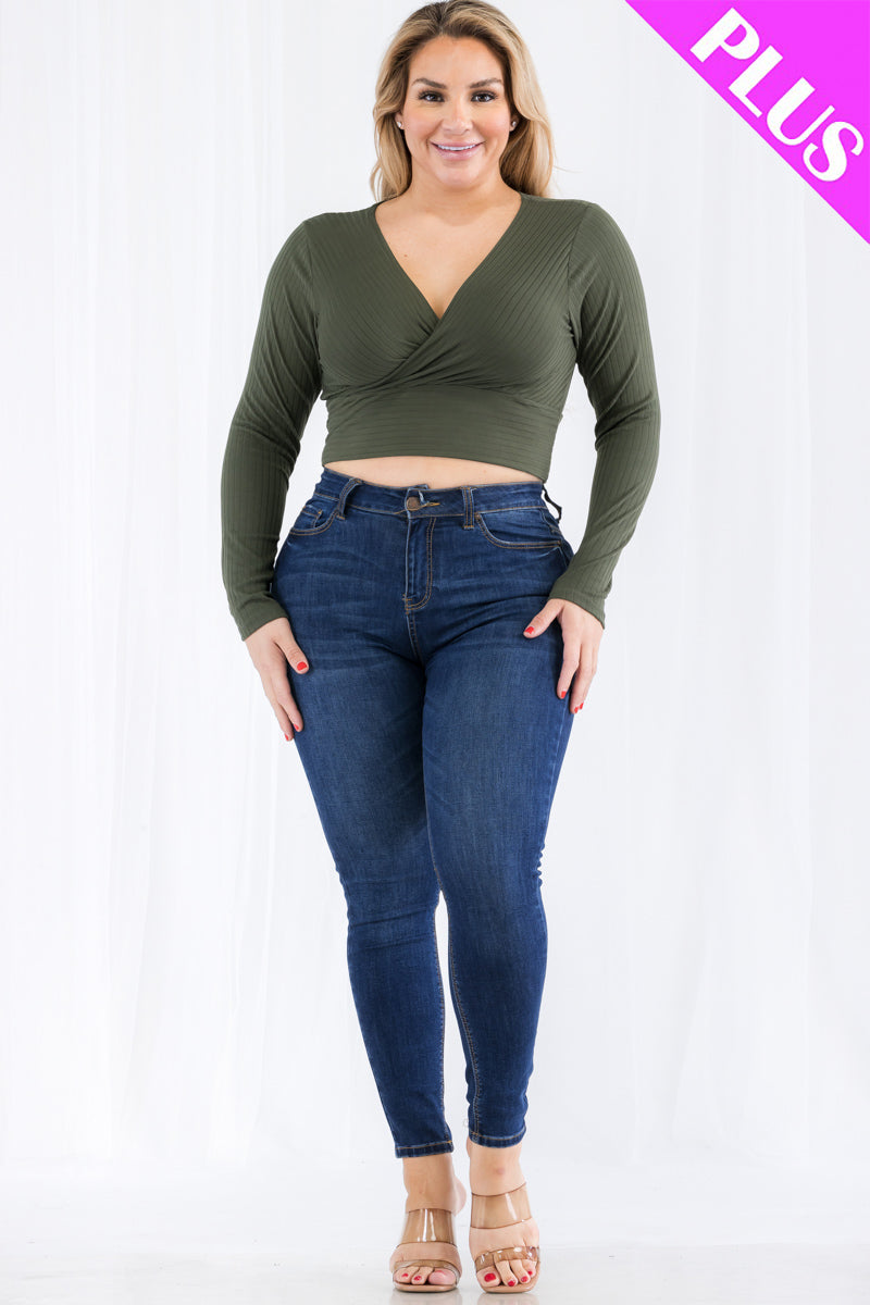 Plus Size Ribbed Wrap Front Long Sleeve Top (CAPELLA) - Capella Apparel