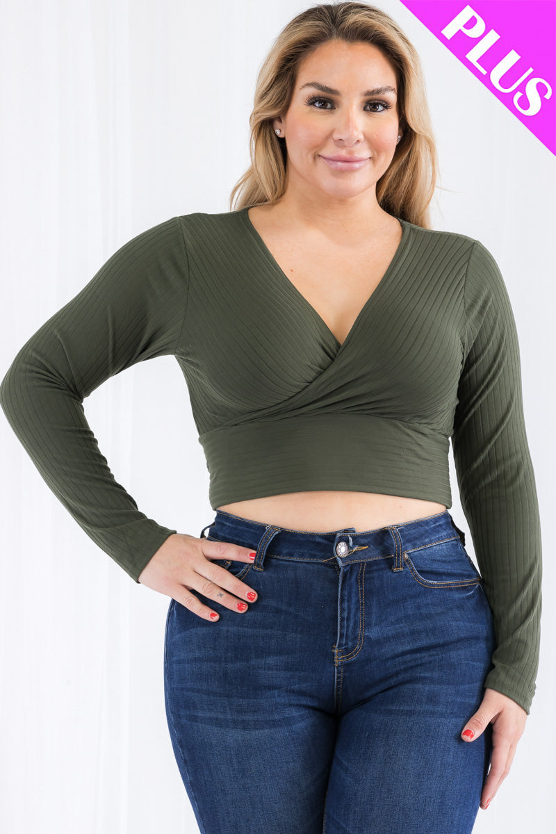 Plus Size Ribbed Wrap Front Long Sleeve Top (CAPELLA) - Capella Apparel