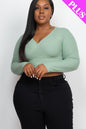 Plus Size Ribbed Wrap Front Long Sleeve Top (CAPELLA) - Capella Apparel