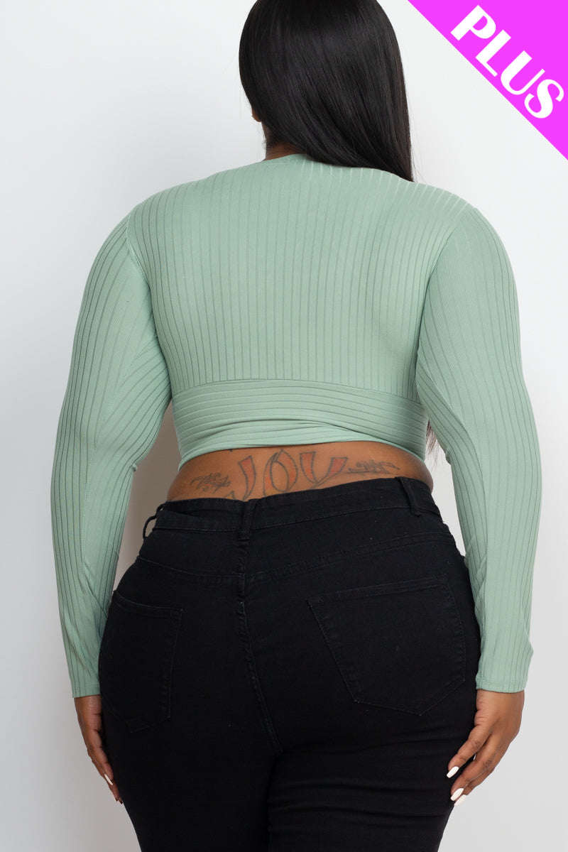 Plus Size Ribbed Wrap Front Long Sleeve Top (CAPELLA) - Capella Apparel