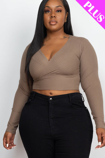 Plus Size Ribbed Wrap Front Long Sleeve Top (CAPELLA) - Capella Apparel