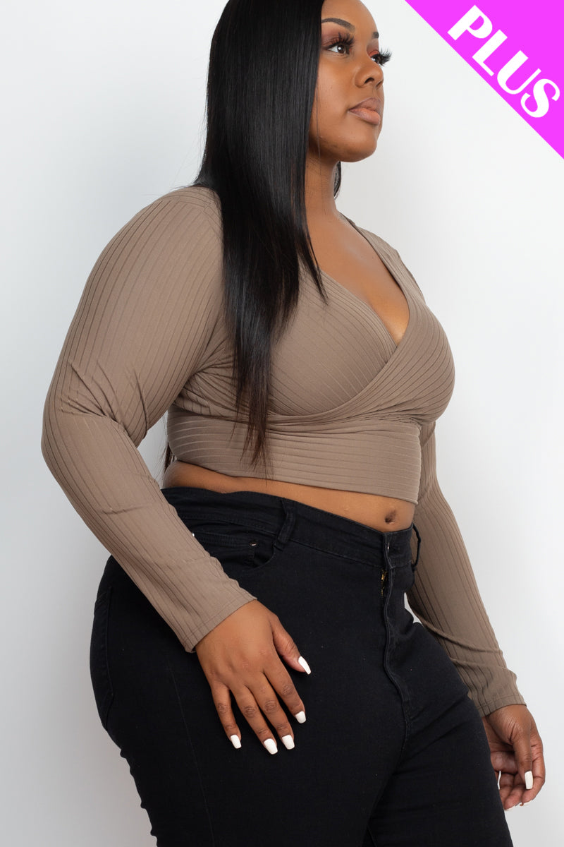 Plus Size Ribbed Wrap Front Long Sleeve Top (CAPELLA) - Capella Apparel